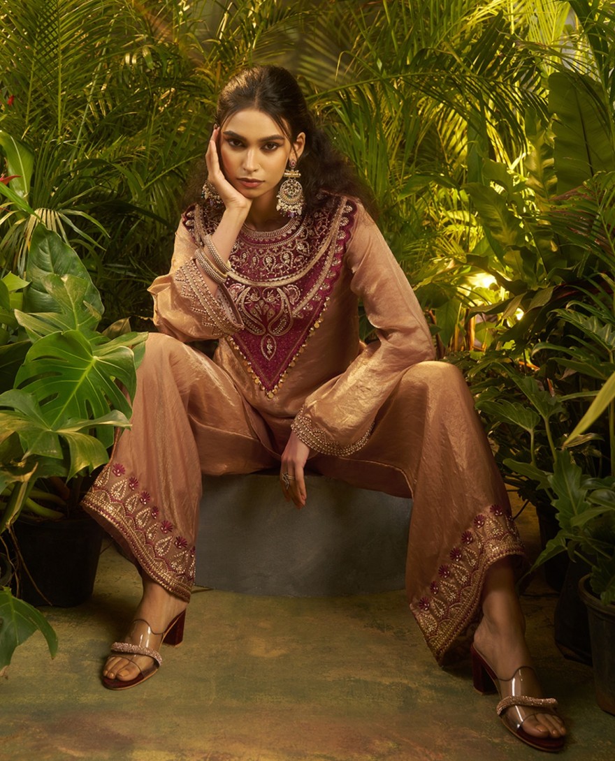 SUIT - Charming Peach Patch Work Organza Party Wear Co-Ord Set