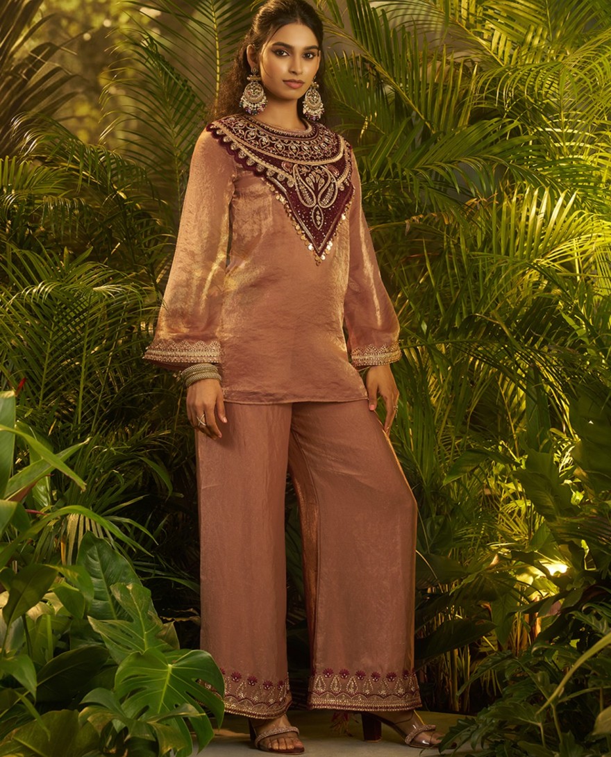 SUIT - Charming Peach Patch Work Organza Party Wear Co-Ord Set