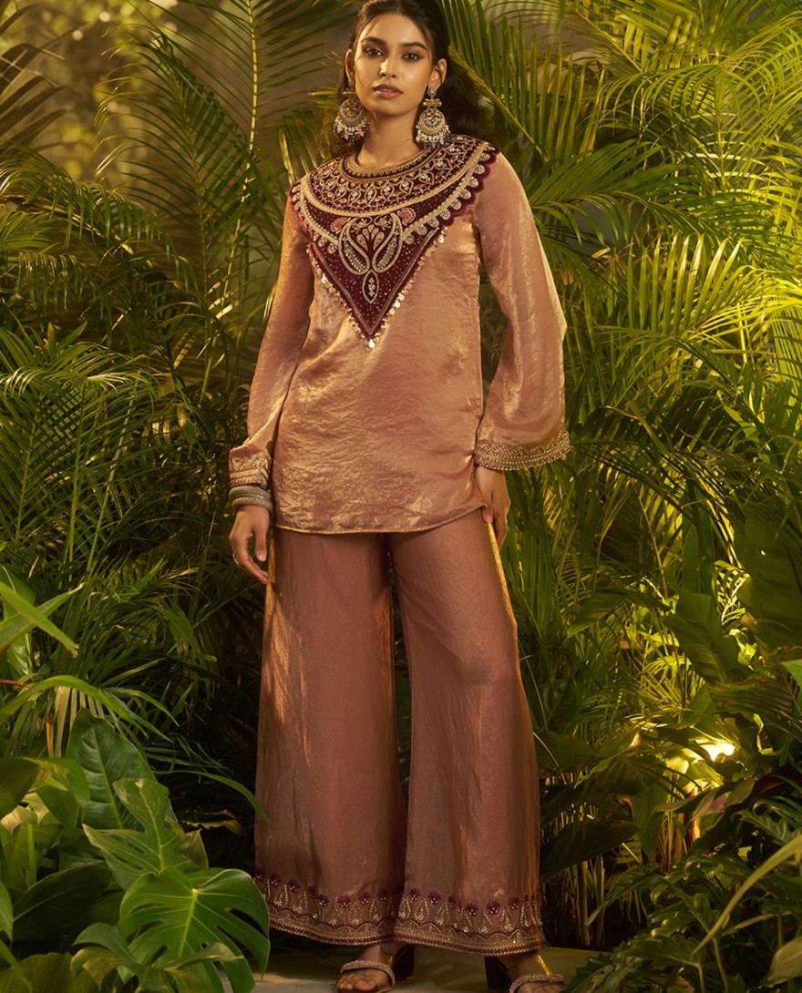 SUIT - Charming Peach Patch Work Organza Party Wear Co-Ord Set