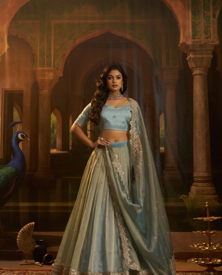 BLUE - Dazzling Blue Dori Embroidered Organza Wedding Wear Lehenga Choli