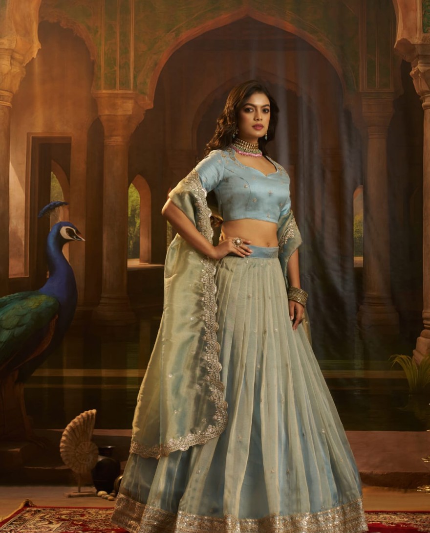 BLUE - Dazzling Blue Dori Embroidered Organza Wedding Wear Lehenga Choli