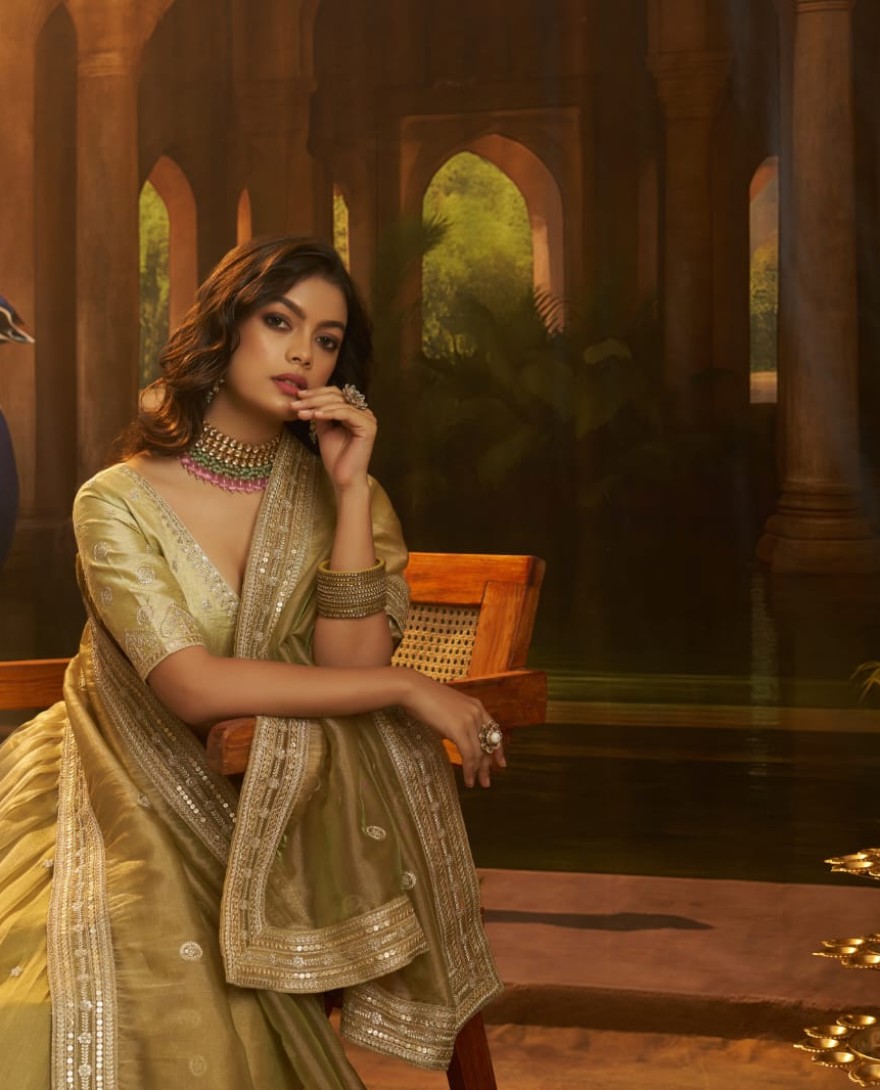 GOLDEN - Stunning Golden Embroidered Organza Party Wear Lehenga Choli