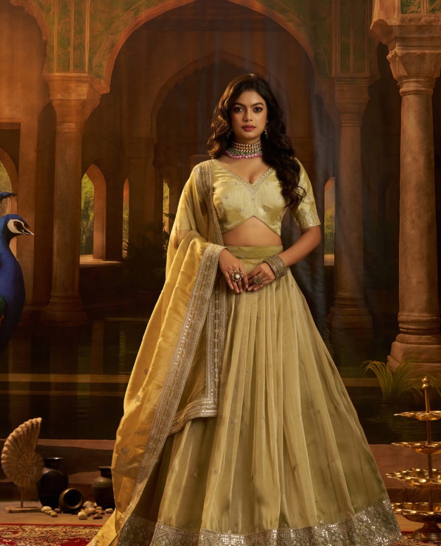 GOLDEN - Stunning Golden Embroidered Organza Party Wear Lehenga Choli