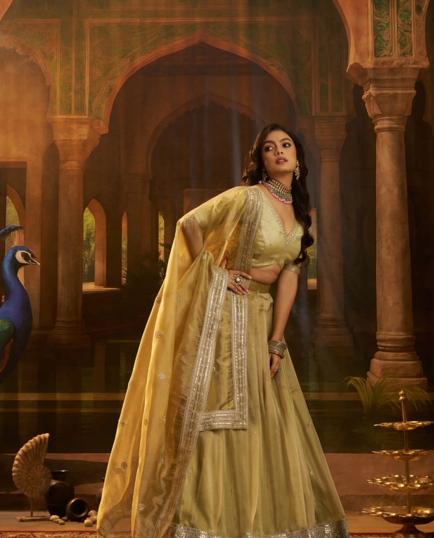 GOLDEN - Stunning Golden Embroidered Organza Party Wear Lehenga Choli