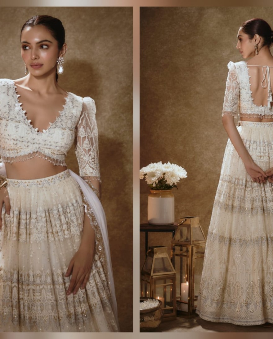 WHITE - Off White Net Lehenga Choli with Embroidered, Sequins, Thread and Zari Work