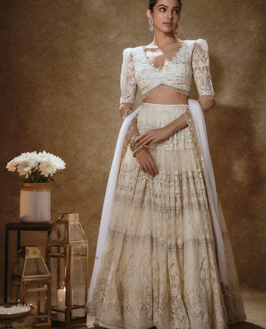 WHITE - Off White Net Lehenga Choli with Embroidered, Sequins, Thread and Zari Work