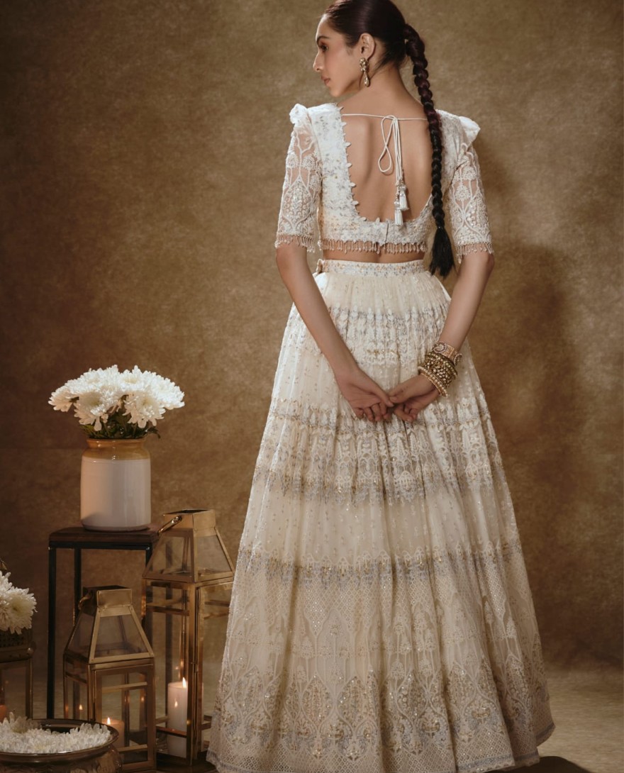 WHITE - Off White Net Lehenga Choli with Embroidered, Sequins, Thread and Zari Work