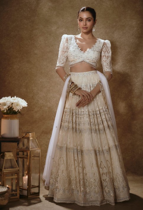 Off White Net Lehenga Choli with Embroidered, Sequins, Thread and Zari Work