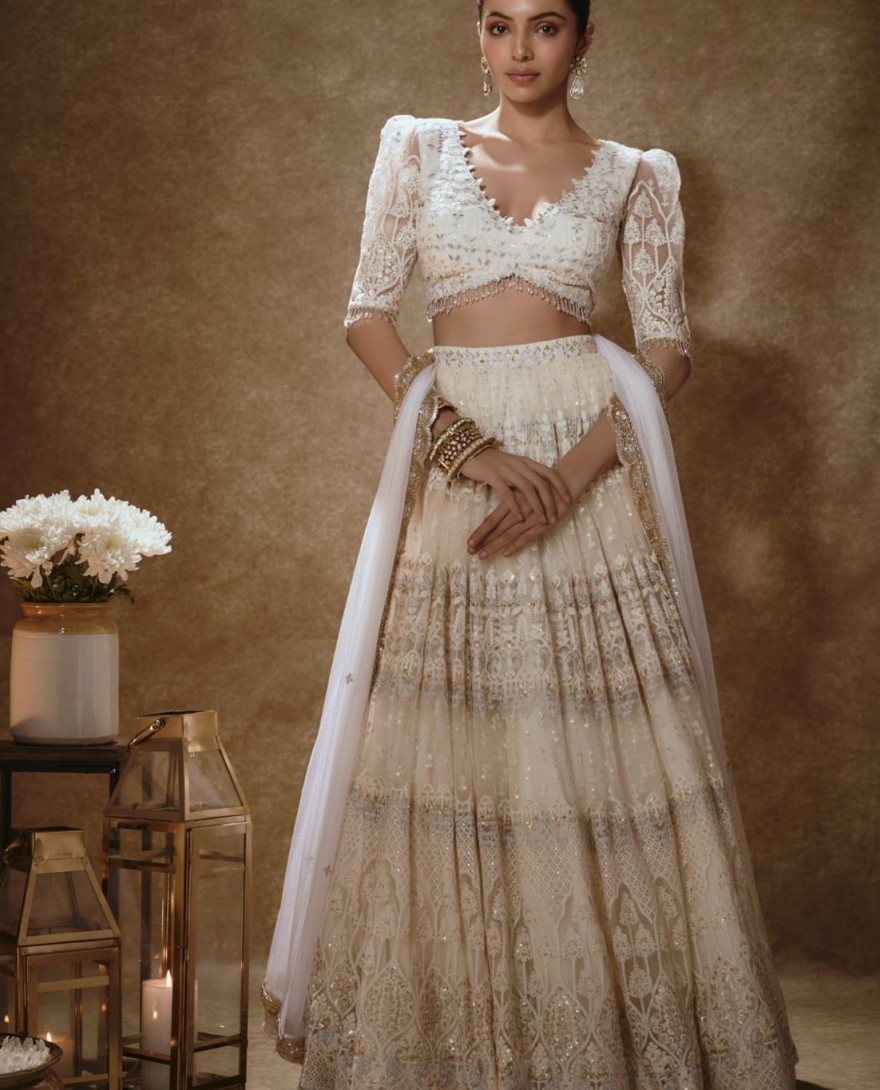 WHITE - Off White Net Lehenga Choli with Embroidered, Sequins, Thread and Zari Work