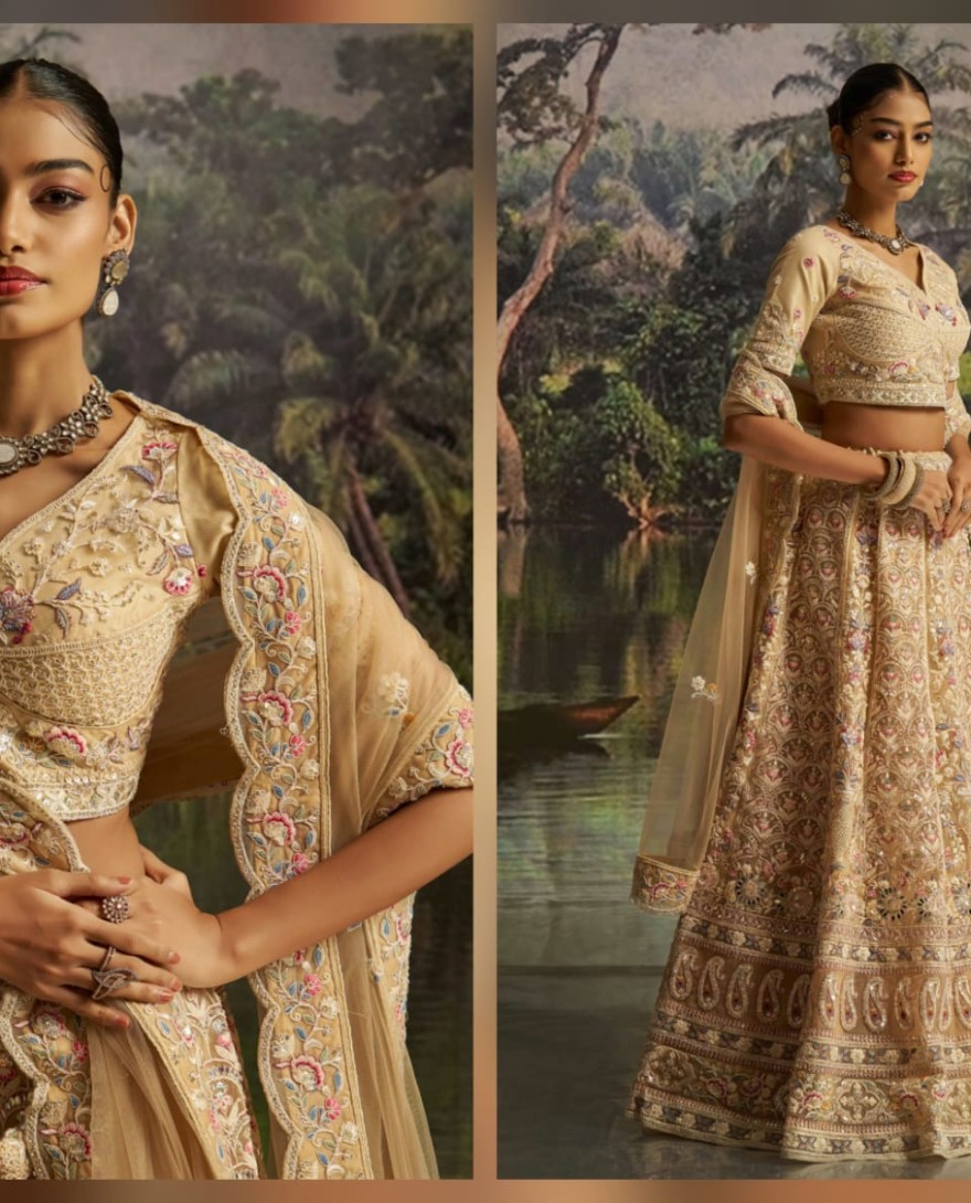 100001 - Captivating Cream Net Dori Embroidered Engagement Wear Lehenga Choli