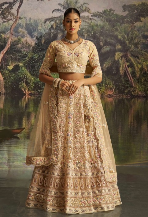 Captivating Cream Net Dori Embroidered Engagement Wear Lehenga Choli