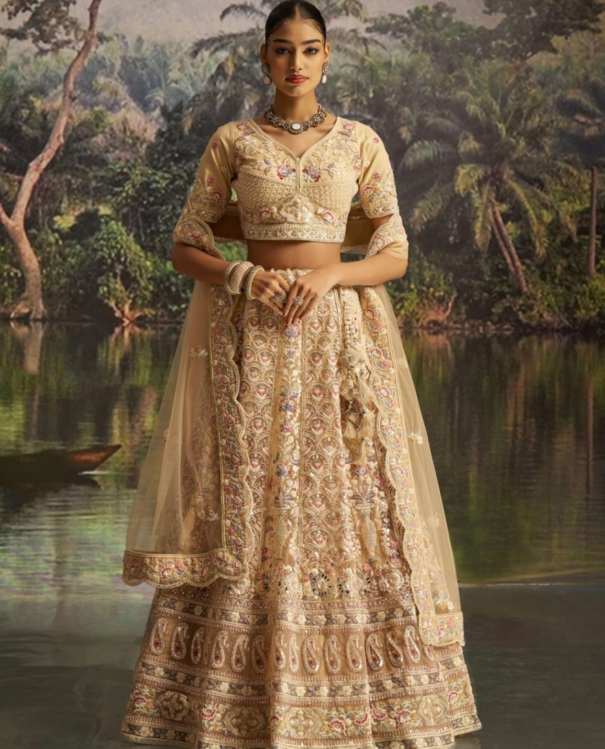 100001 - Captivating Cream Net Dori Embroidered Engagement Wear Lehenga Choli