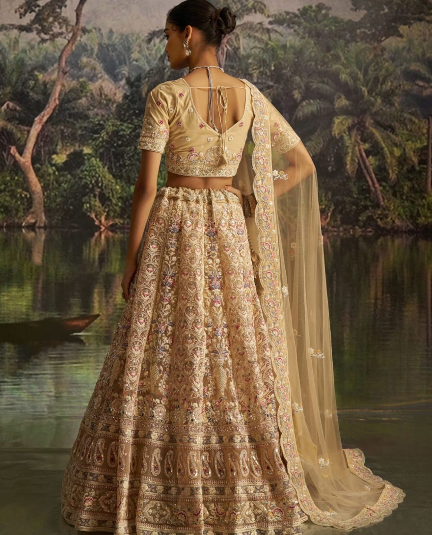 100001 - Captivating Cream Net Dori Embroidered Engagement Wear Lehenga Choli