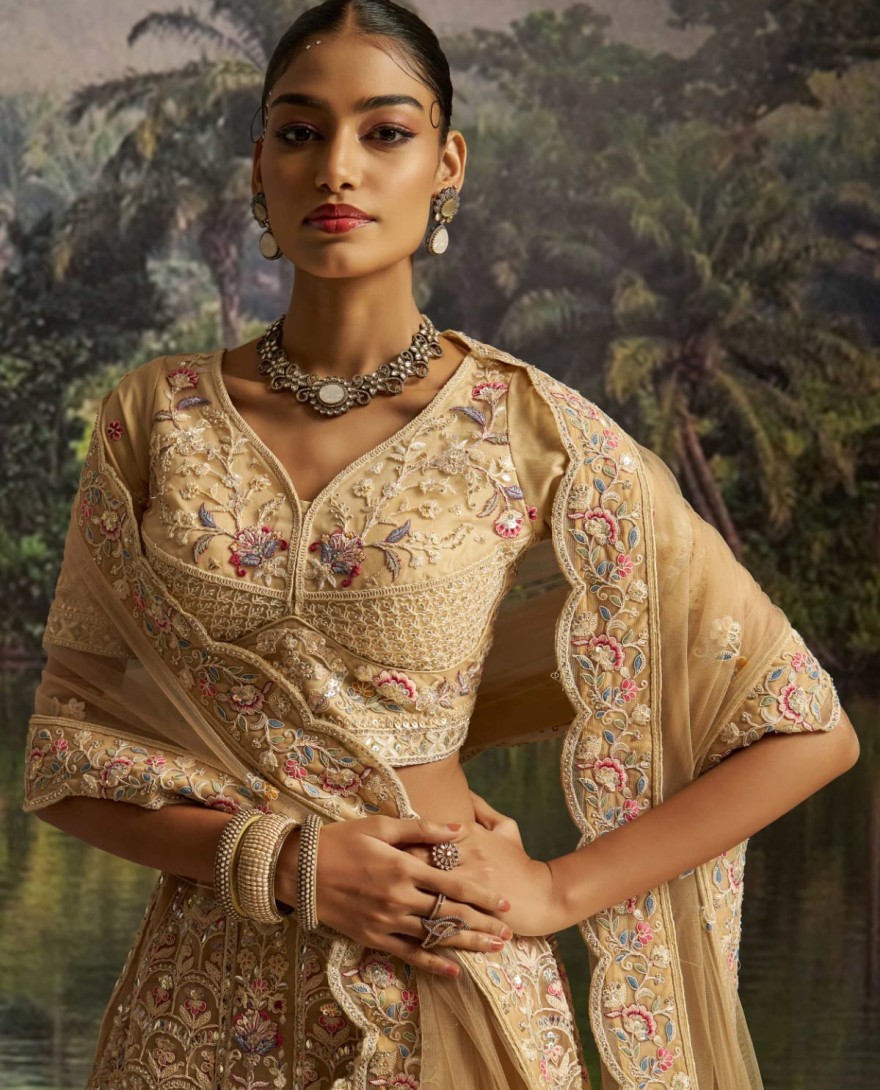 100001 - Captivating Cream Net Dori Embroidered Engagement Wear Lehenga Choli