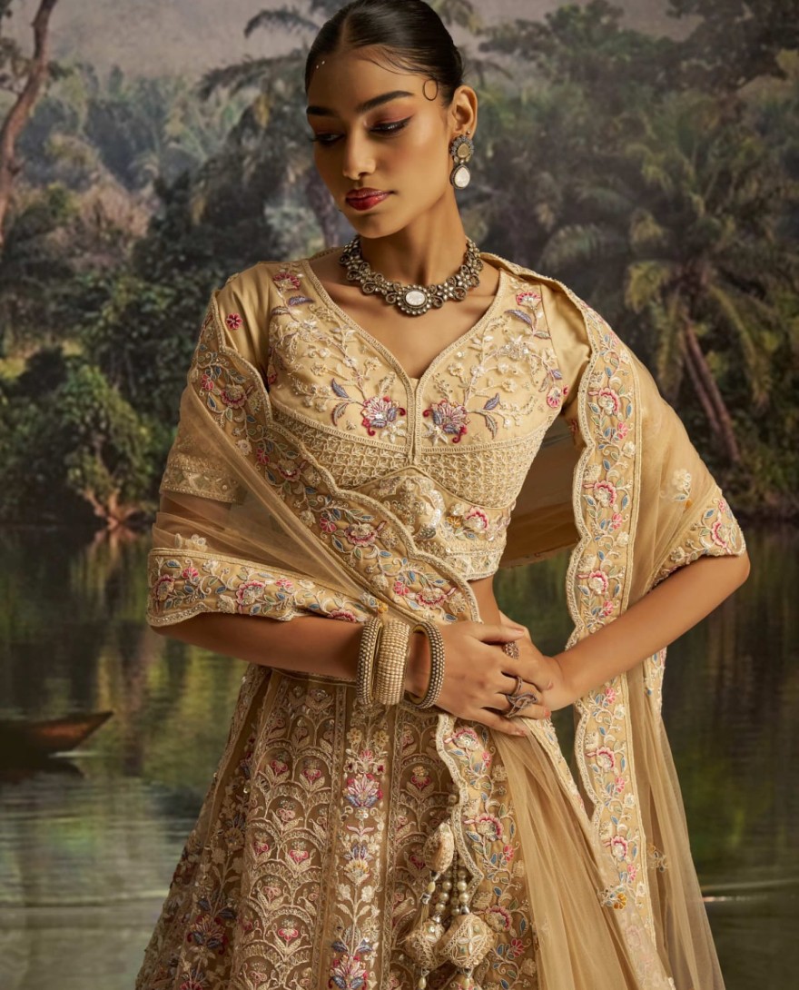 100001 - Captivating Cream Net Dori Embroidered Engagement Wear Lehenga Choli