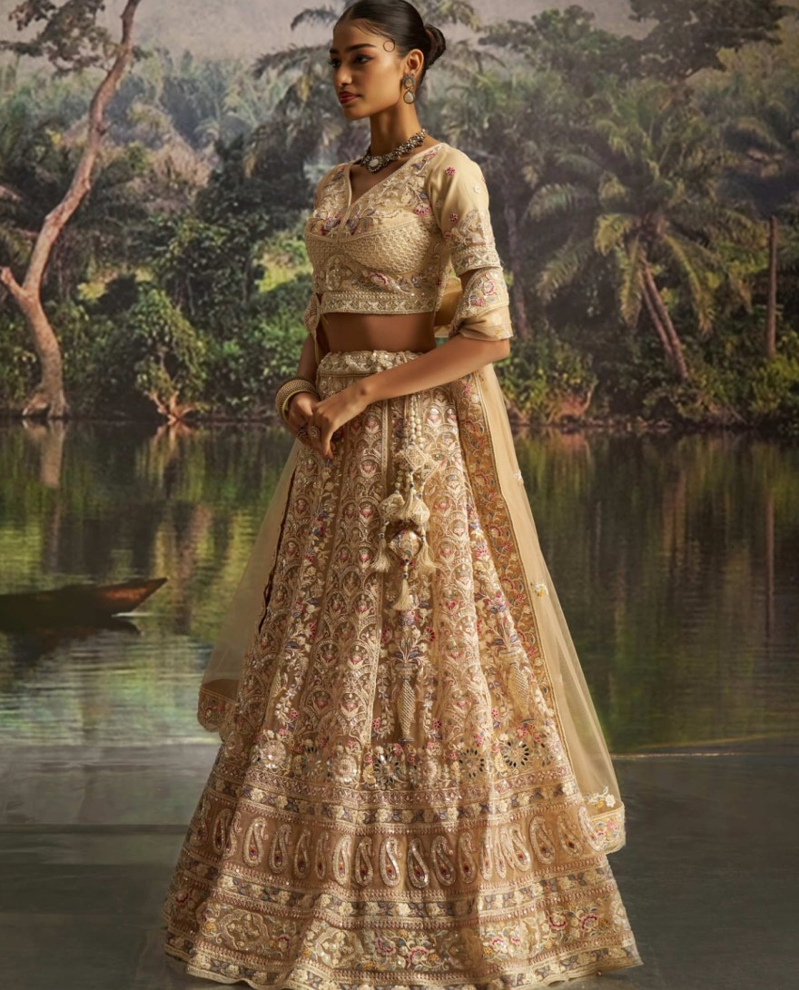100001 - Captivating Cream Net Dori Embroidered Engagement Wear Lehenga Choli