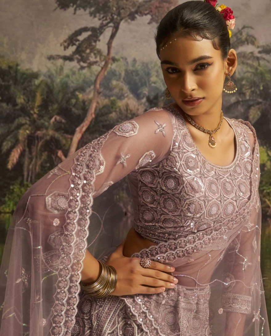 100002 - Adorning Mauve Net Pearl Work Function Wear Lehenga Choli With Dupatta