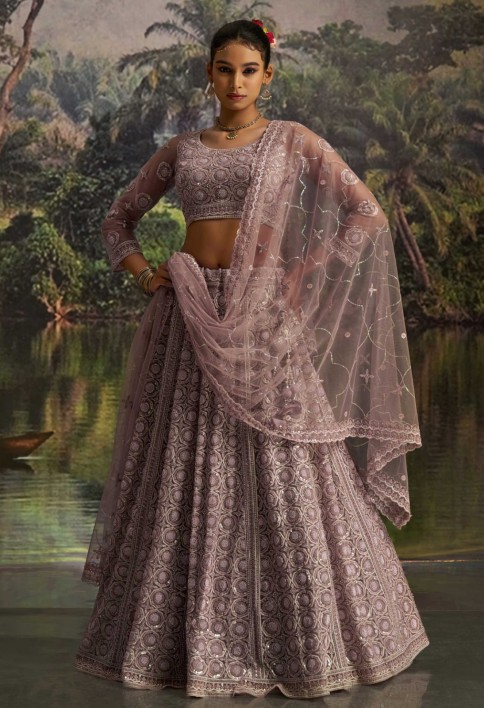 Adorning Mauve Net Pearl Work Function Wear Lehenga Choli With Dupatta