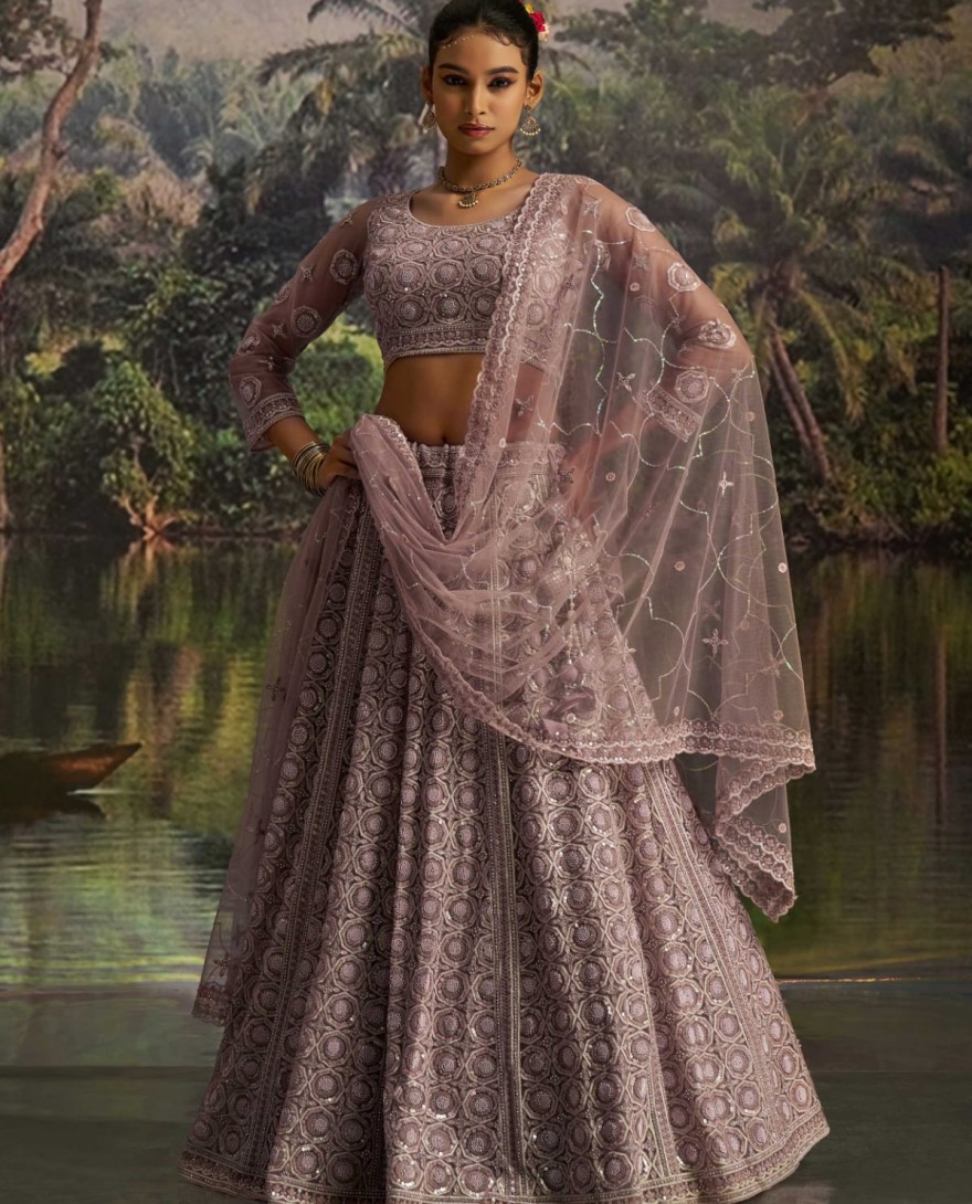 100002 - Adorning Mauve Net Pearl Work Function Wear Lehenga Choli With Dupatta