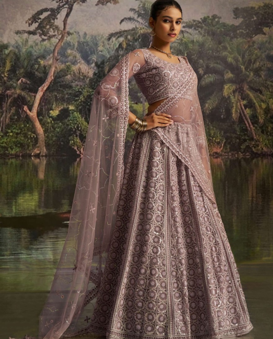 100002 - Adorning Mauve Net Pearl Work Function Wear Lehenga Choli With Dupatta