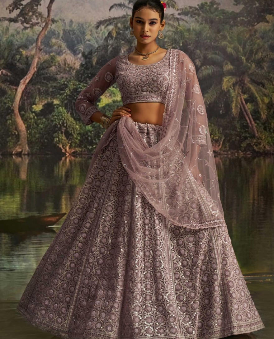 100002 - Adorning Mauve Net Pearl Work Function Wear Lehenga Choli With Dupatta