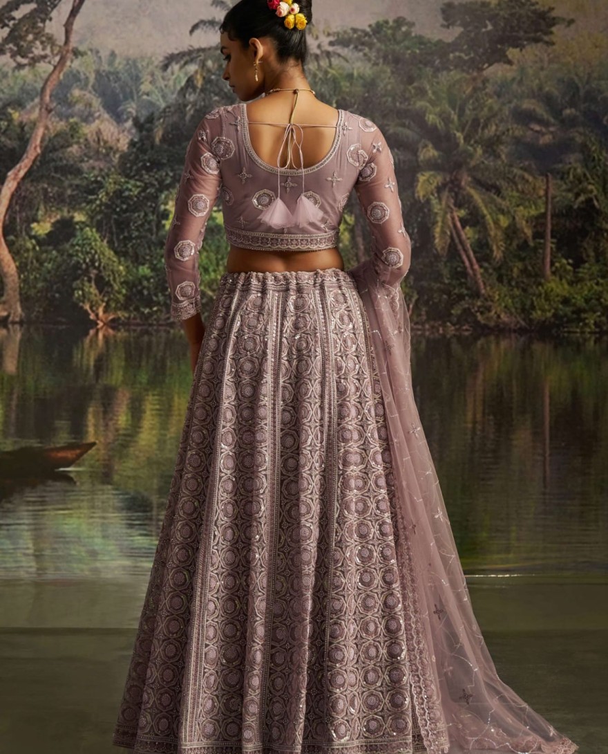 100002 - Adorning Mauve Net Pearl Work Function Wear Lehenga Choli With Dupatta