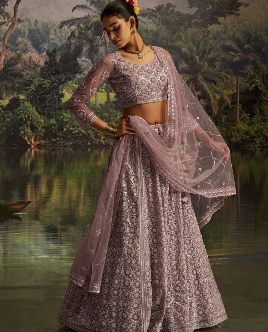 100002 - Adorning Mauve Net Pearl Work Function Wear Lehenga Choli With Dupatta