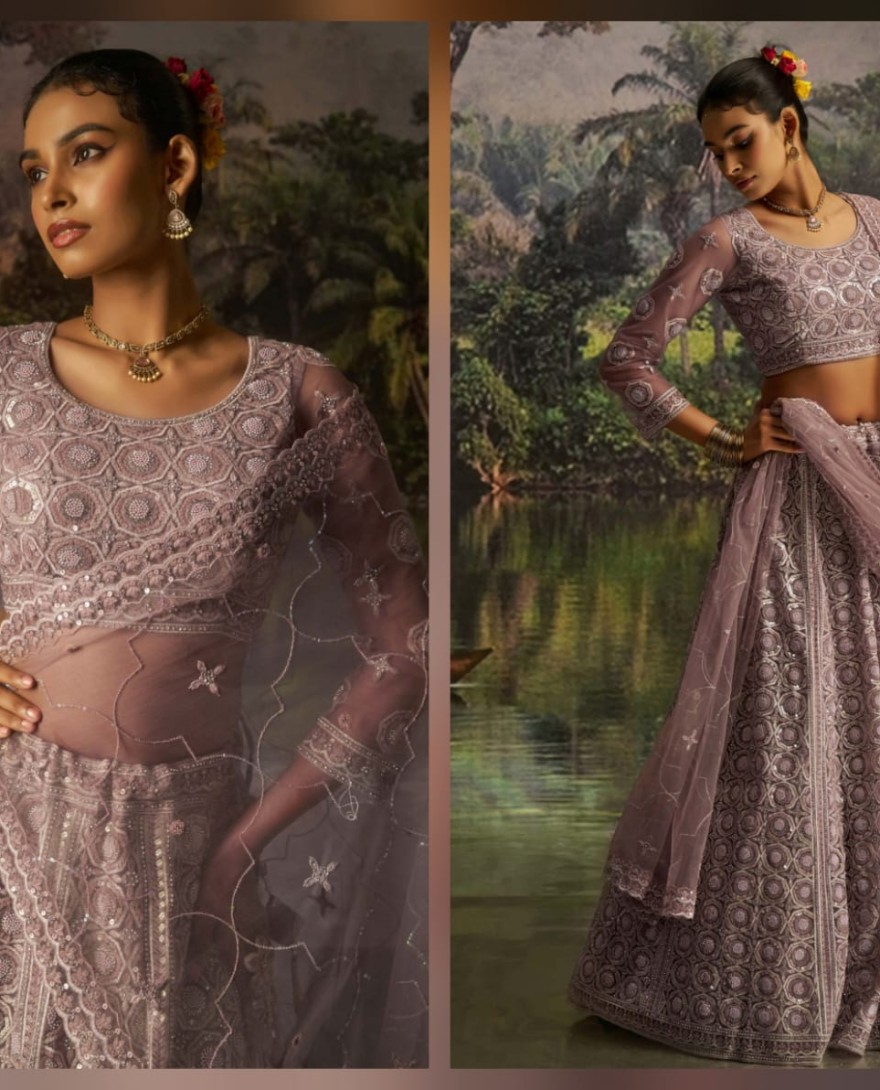 100002 - Adorning Mauve Net Pearl Work Function Wear Lehenga Choli With Dupatta