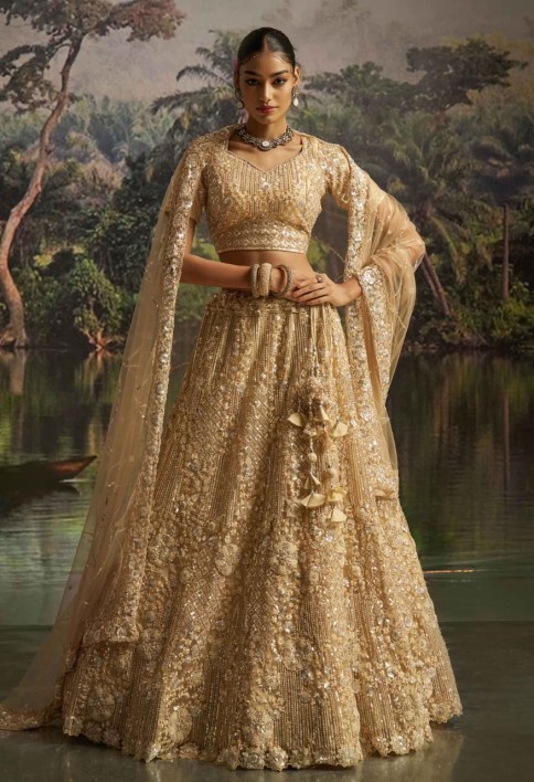 Marvelous Cream Zarkan Work Wedding Wear Lehenga Choli With Dupatta