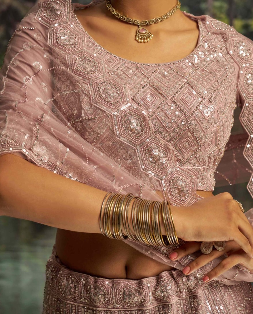 100004 - Mesmerizing Mauve Net Sequins Bridesmaid Lehenga Choli With Dupatta