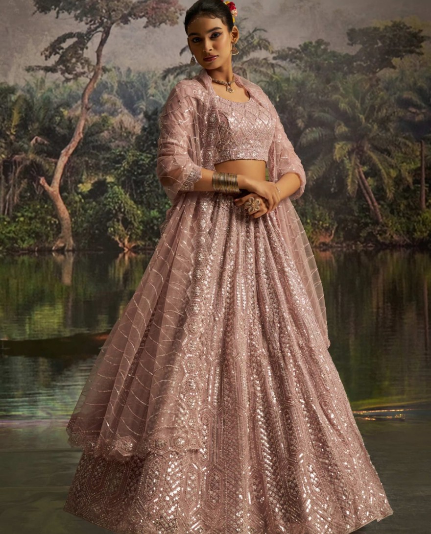 100004 - Mesmerizing Mauve Net Sequins Bridesmaid Lehenga Choli With Dupatta