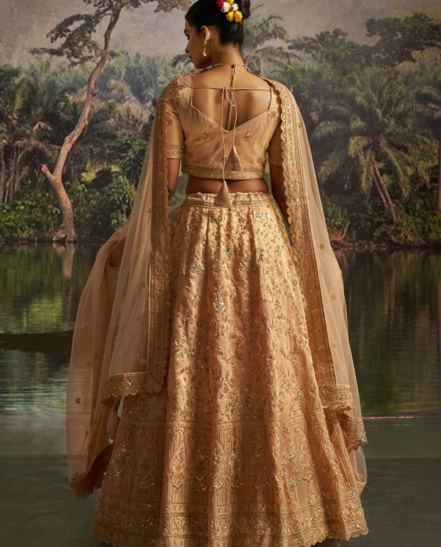 100005 - Tantalizing Peach Net Sequins Embroidered Traditional Lehenga Choli