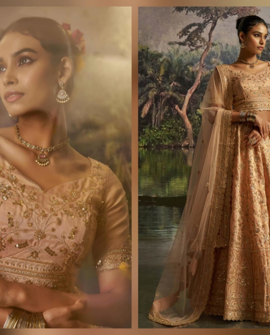 100005 - Tantalizing Peach Net Sequins Embroidered Traditional Lehenga Choli