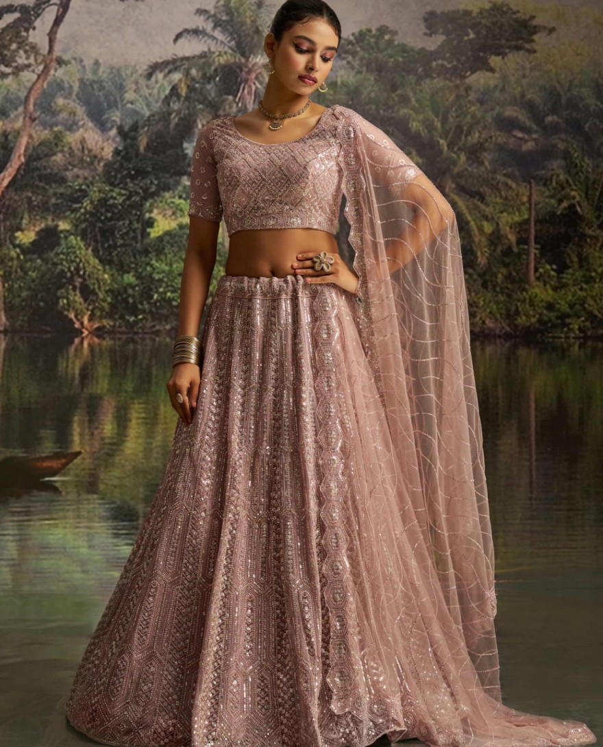 100006 - Desirable Mauve Net Embroidered Party Wear Lehenga Choli With Dupatta