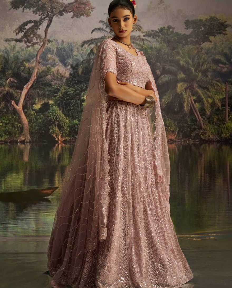 100006 - Desirable Mauve Net Embroidered Party Wear Lehenga Choli With Dupatta