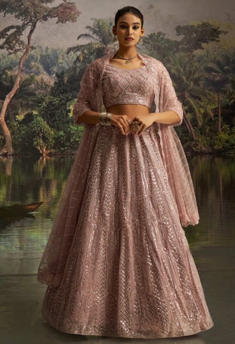 Desirable Mauve Net Embroidered Party Wear Lehenga Choli With Dupatta