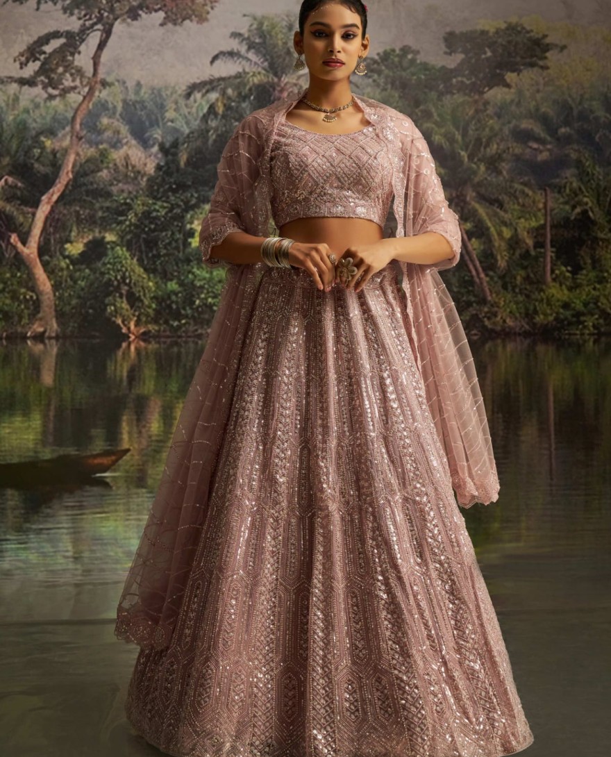 100006 - Desirable Mauve Net Embroidered Party Wear Lehenga Choli With Dupatta