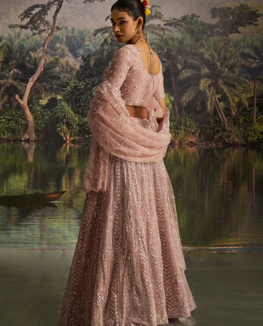 100006 - Desirable Mauve Net Embroidered Party Wear Lehenga Choli With Dupatta