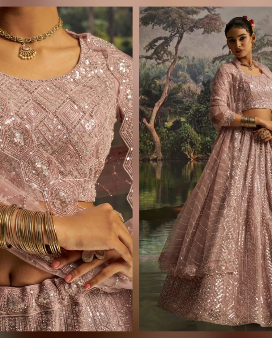 100006 - Desirable Mauve Net Embroidered Party Wear Lehenga Choli With Dupatta