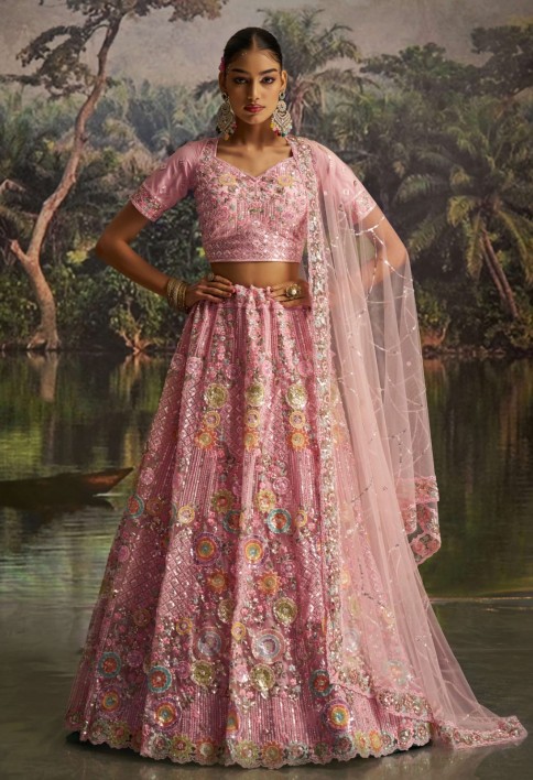 Graceful Pink Floral Embroidered Designer Lehenga Choli With Dupatta