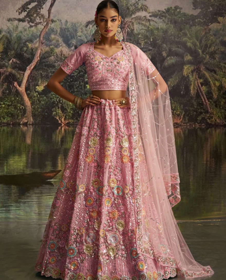100007 - Graceful Pink Floral Embroidered Designer Lehenga Choli With Dupatta