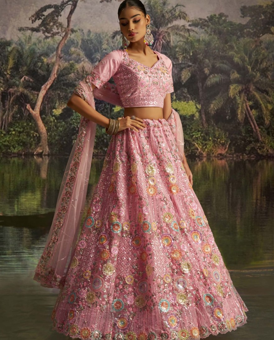 100007 - Graceful Pink Floral Embroidered Designer Lehenga Choli With Dupatta