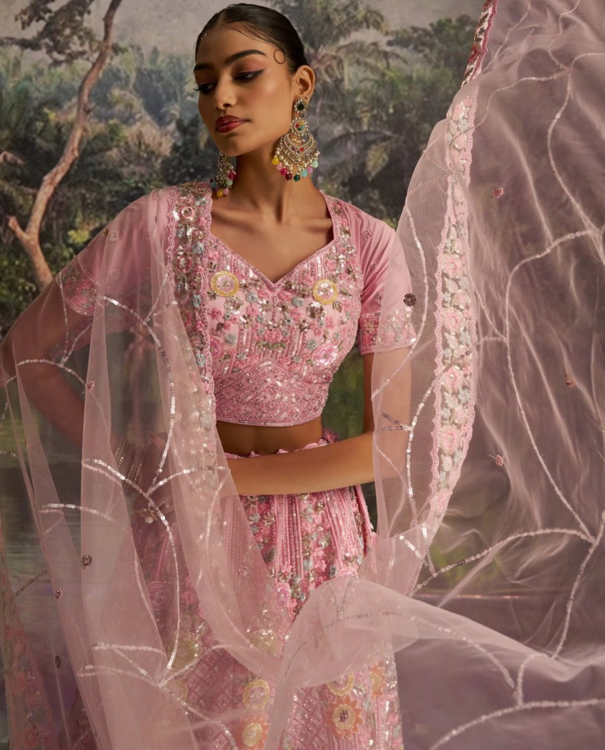 100007 - Graceful Pink Floral Embroidered Designer Lehenga Choli With Dupatta