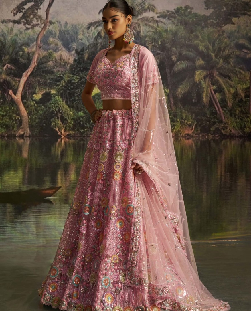 100007 - Graceful Pink Floral Embroidered Designer Lehenga Choli With Dupatta