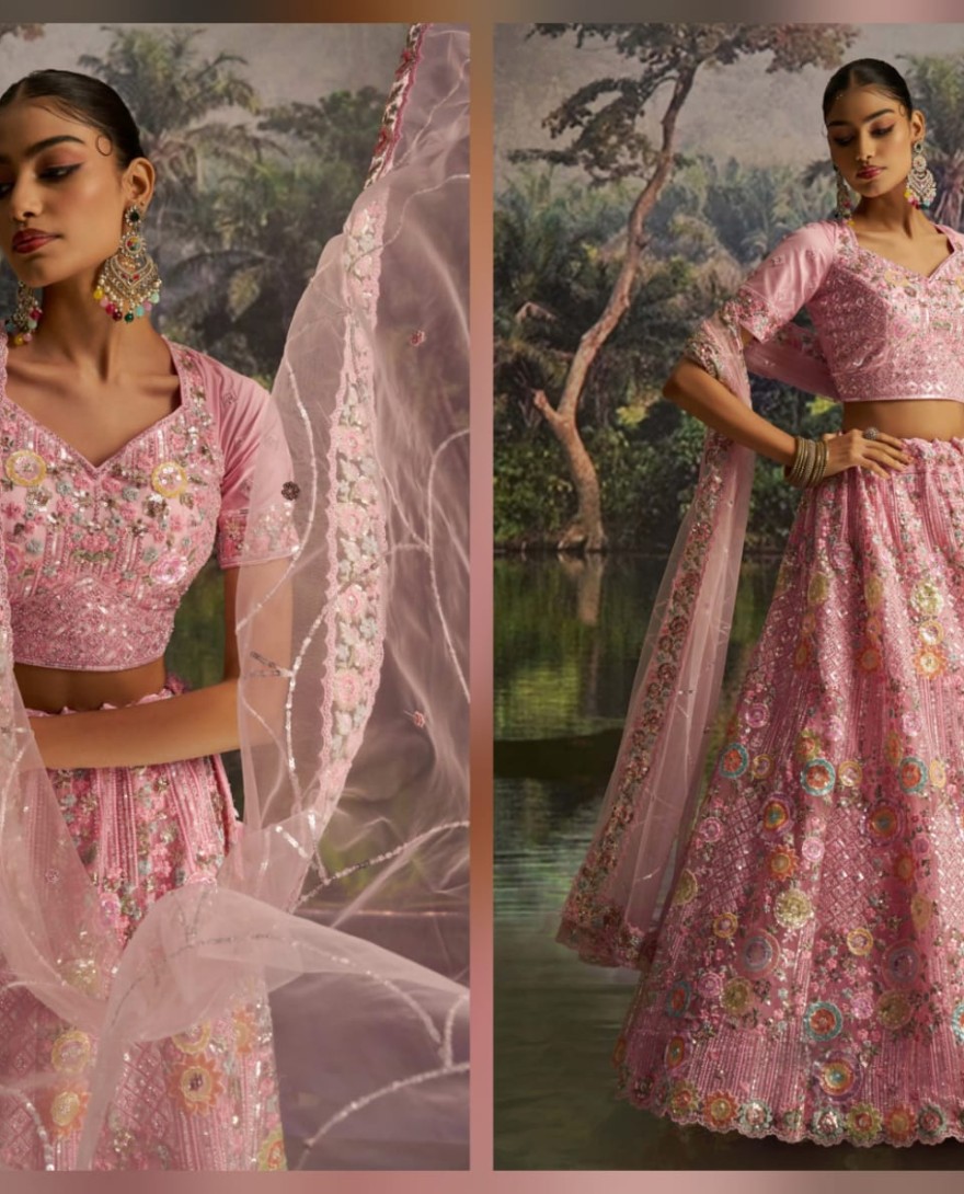 100007 - Graceful Pink Floral Embroidered Designer Lehenga Choli With Dupatta