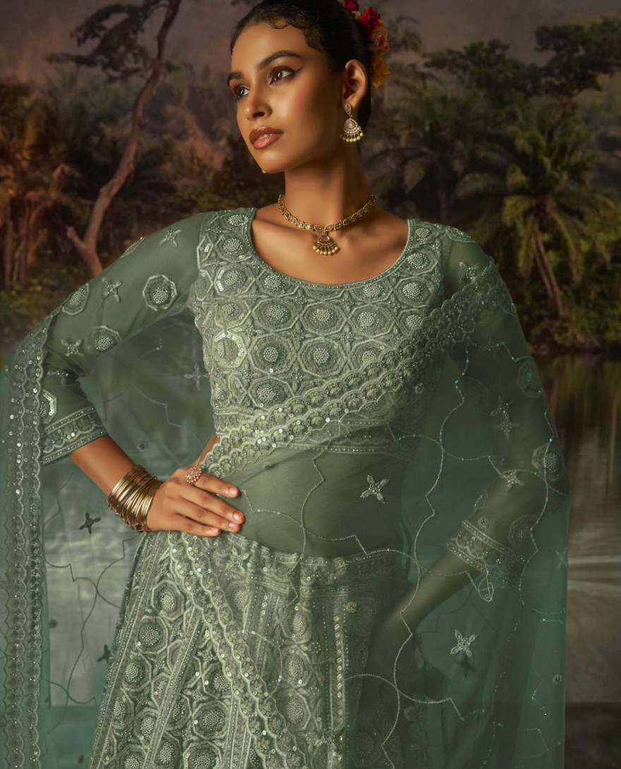 100008 - Gleaming Green Net Zarkan Work Reception Wear Lehenga Choli