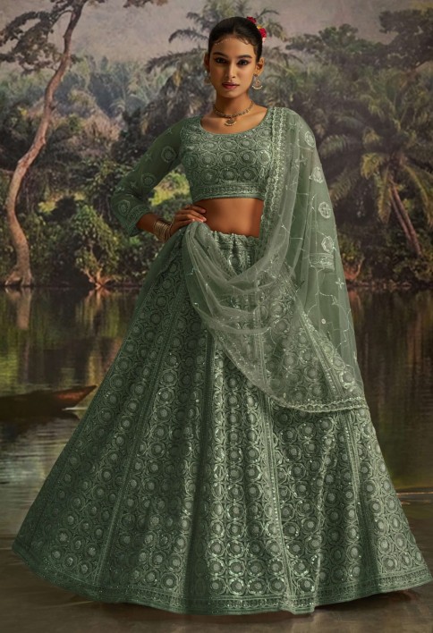 Gleaming Green Net Zarkan Work Reception Wear Lehenga Choli