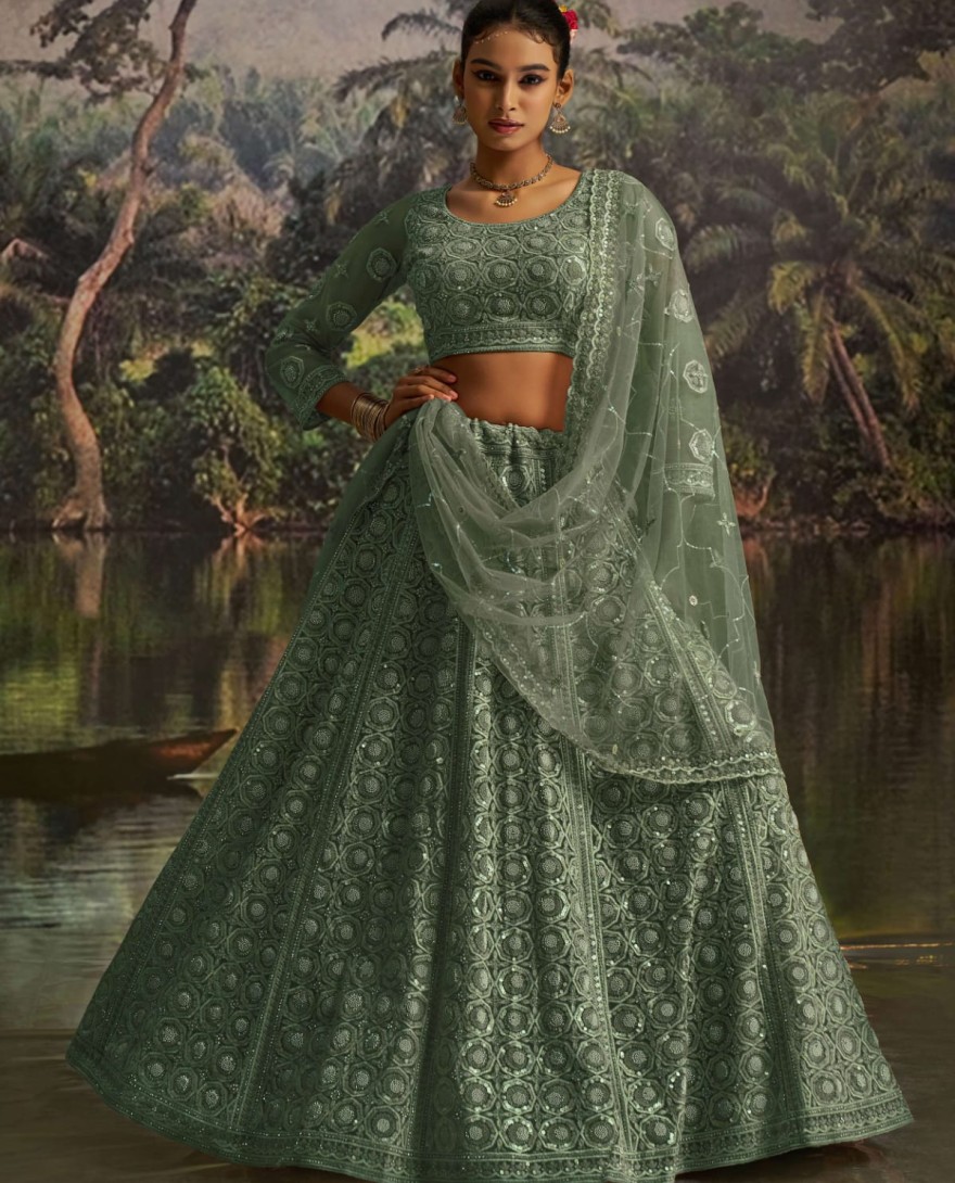 100008 - Gleaming Green Net Zarkan Work Reception Wear Lehenga Choli