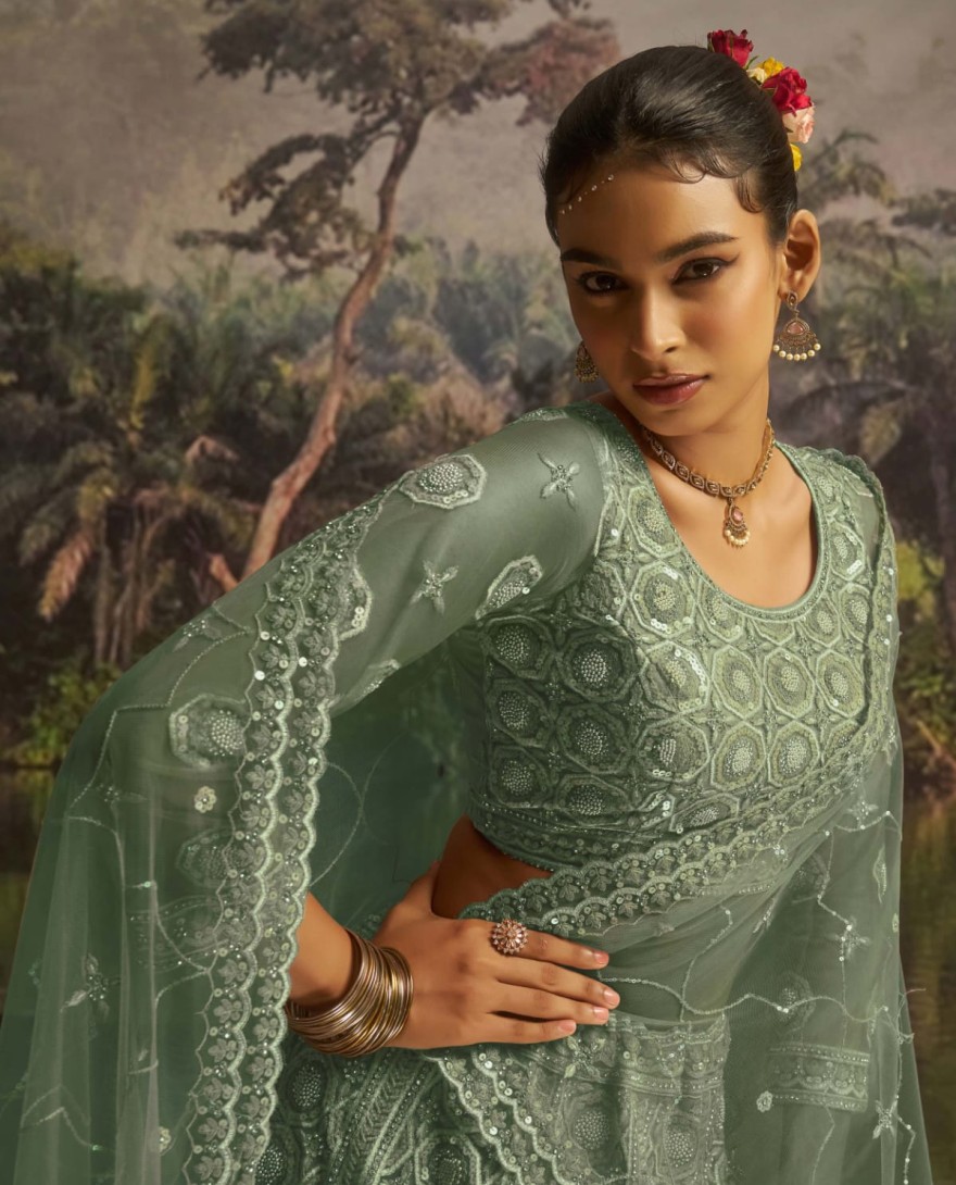 100008 - Gleaming Green Net Zarkan Work Reception Wear Lehenga Choli