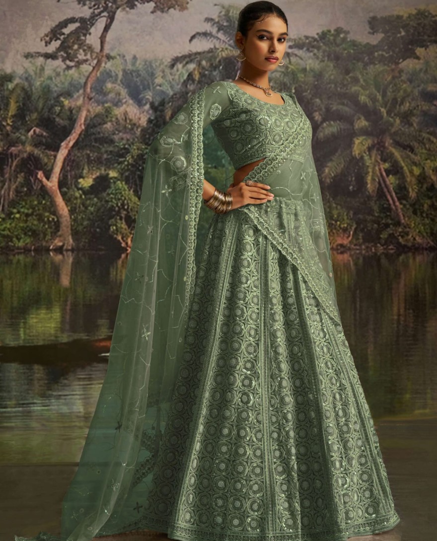 100008 - Gleaming Green Net Zarkan Work Reception Wear Lehenga Choli